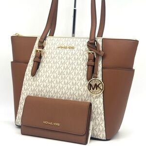 Michael Kors Large Charlotte Tote Bag & Trifold Wallet Set Vanilla/Luggage